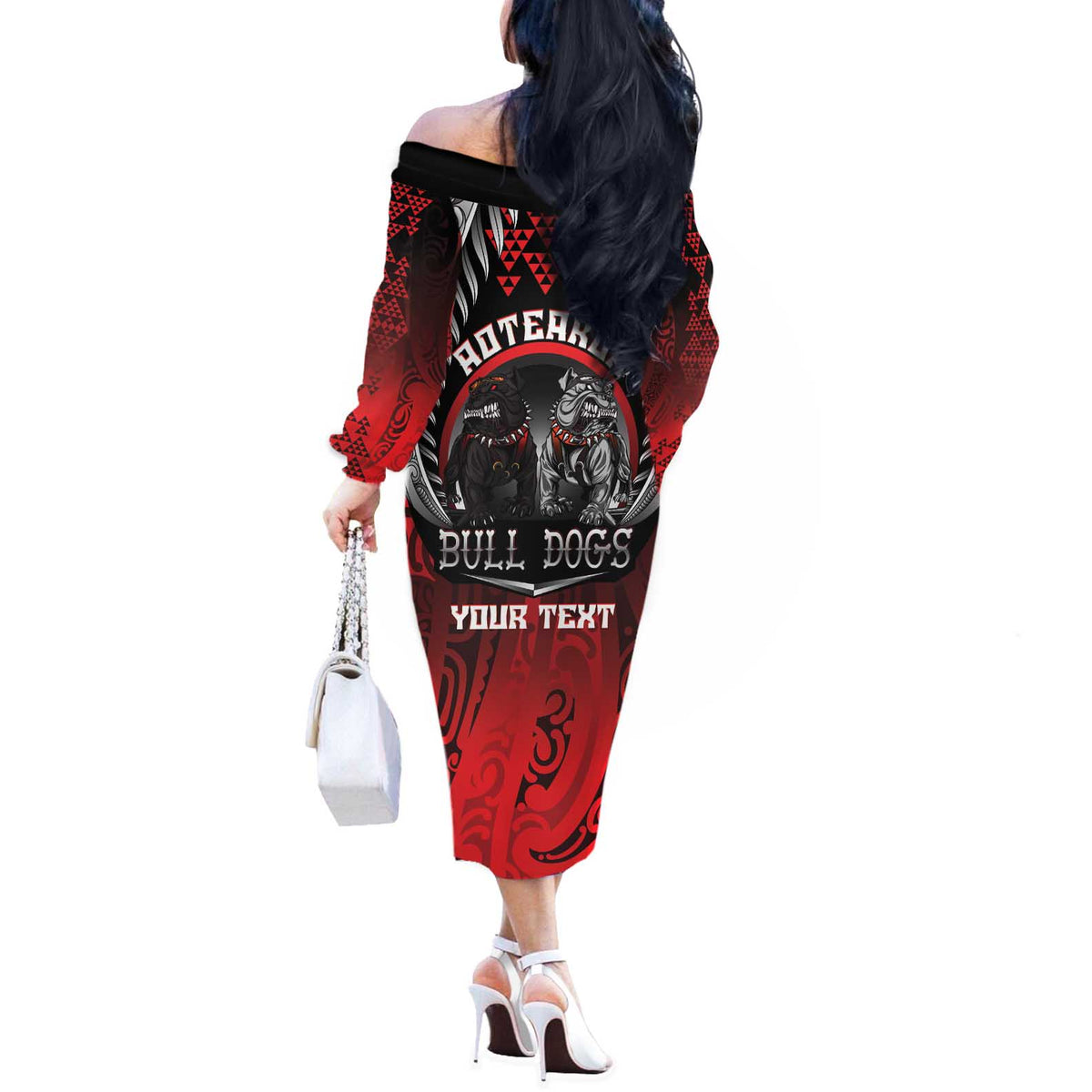 Aotearoa Bulldog Personalised Off The Shoulder Long Sleeve Dress Maori Kowhaiwhai Motif LT9 - Polynesian Pride