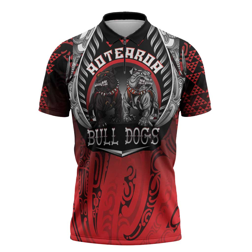 Aotearoa Bulldog Personalised Zipper Polo Shirt Maori Kowhaiwhai Motif LT9 Red - Polynesian Pride