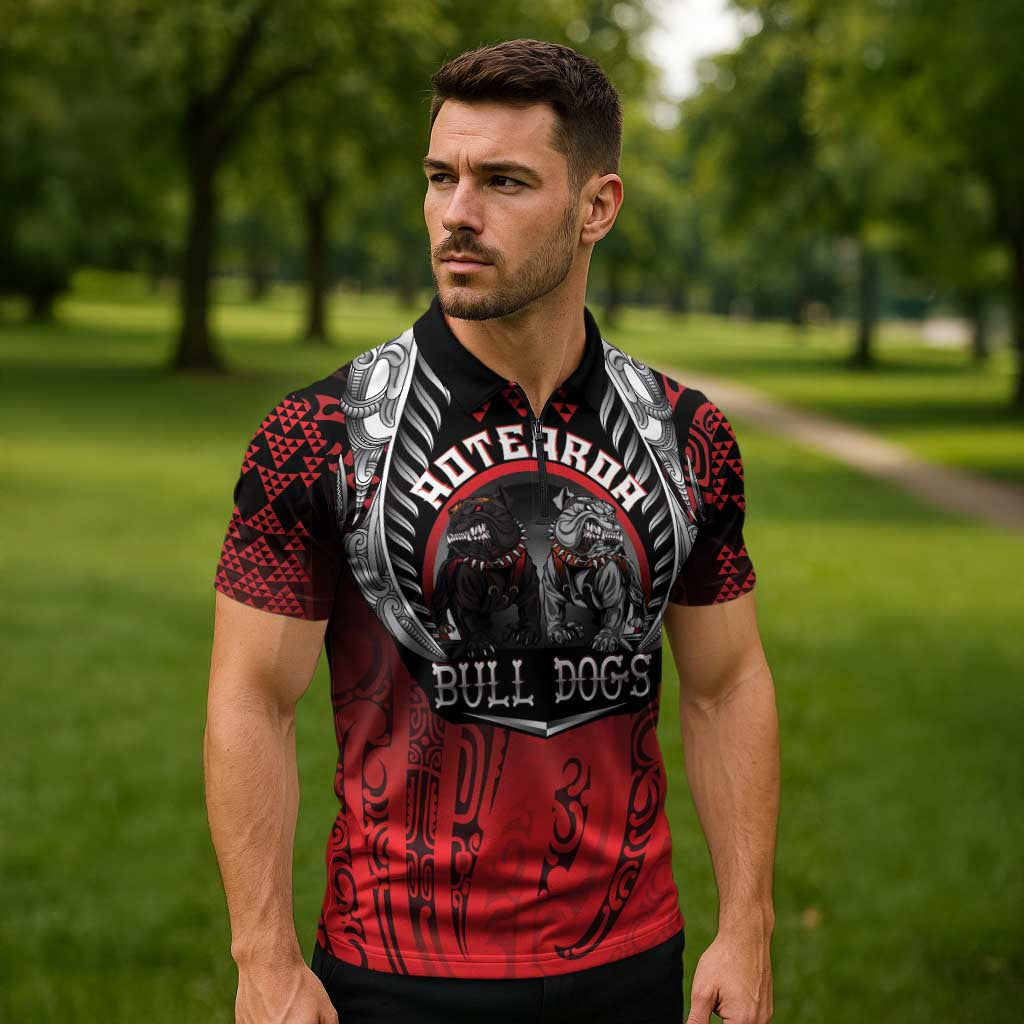 Aotearoa Bulldog Personalised Zipper Polo Shirt Maori Kowhaiwhai Motif LT9 - Polynesian Pride