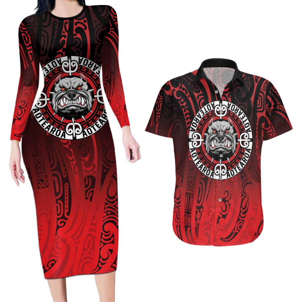Aotearoa Bulldog Couples Matching Long Sleeve Bodycon Dress and Hawaiian Shirt New Zealand Kowhaiwhai Tribal