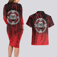 Aotearoa Bulldog Couples Matching Long Sleeve Bodycon Dress and Hawaiian Shirt New Zealand Kowhaiwhai Tribal LT9 - Polynesian Pride