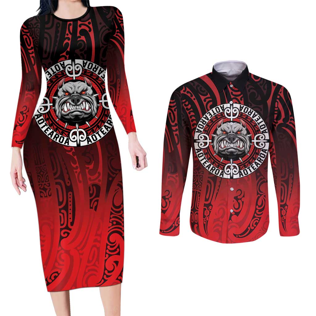 Aotearoa Bulldog Couples Matching Long Sleeve Bodycon Dress and Long Sleeve Button Shirt New Zealand Kowhaiwhai Tribal LT9 Red - Polynesian Pride