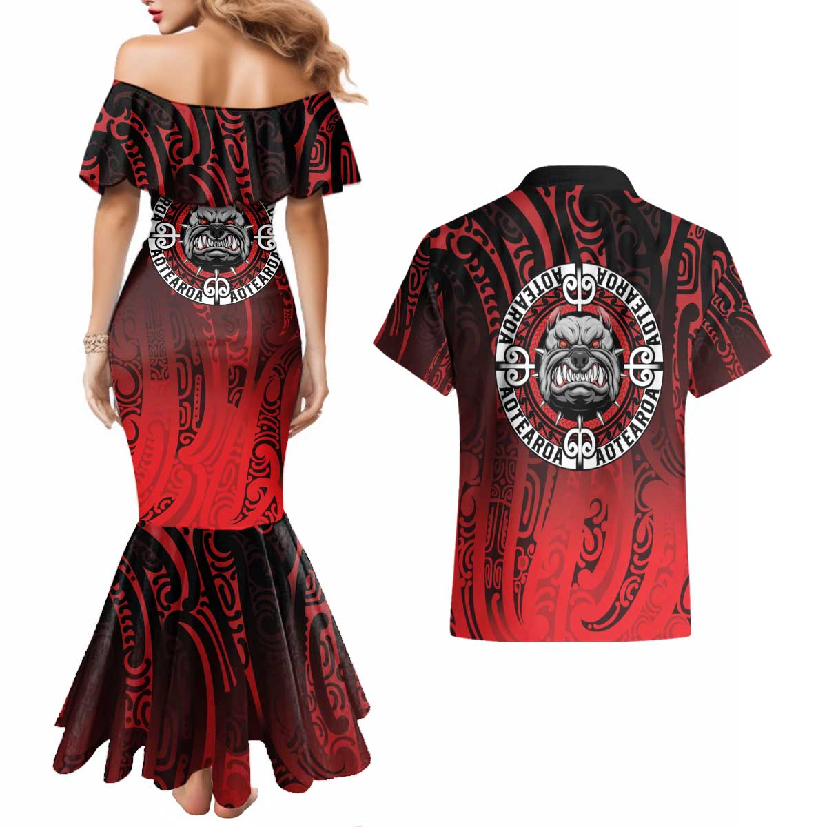 Aotearoa Bulldog Couples Matching Mermaid Dress and Hawaiian Shirt New Zealand Kowhaiwhai Tribal LT9 - Polynesian Pride