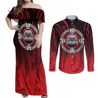 Aotearoa Bulldog Couples Matching Off Shoulder Maxi Dress and Long Sleeve Button Shirt New Zealand Kowhaiwhai Tribal LT9 Red - Polynesian Pride