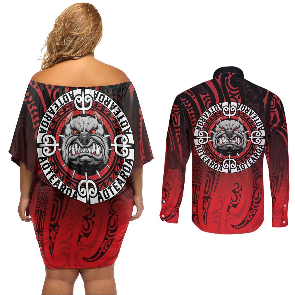 Aotearoa Bulldog Couples Matching Off Shoulder Short Dress and Long Sleeve Button Shirt New Zealand Kowhaiwhai Tribal LT9 - Polynesian Pride