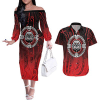 Aotearoa Bulldog Couples Matching Off The Shoulder Long Sleeve Dress and Hawaiian Shirt New Zealand Kowhaiwhai Tribal LT9 Red - Polynesian Pride