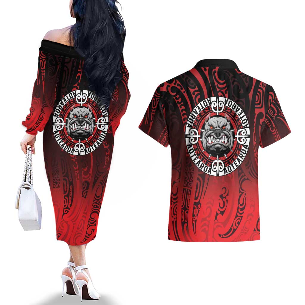 Aotearoa Bulldog Couples Matching Off The Shoulder Long Sleeve Dress and Hawaiian Shirt New Zealand Kowhaiwhai Tribal LT9 - Polynesian Pride