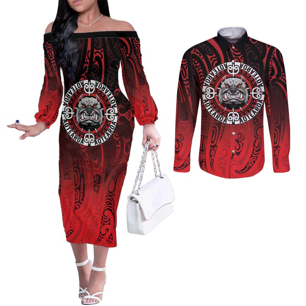 Aotearoa Bulldog Couples Matching Off The Shoulder Long Sleeve Dress and Long Sleeve Button Shirt New Zealand Kowhaiwhai Tribal LT9 Red - Polynesian Pride