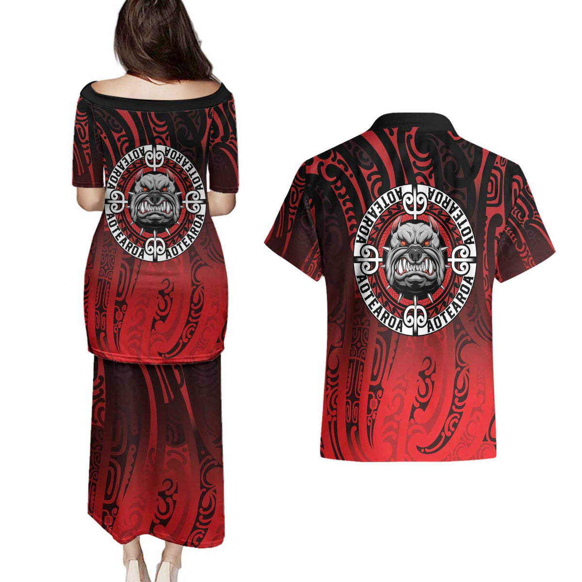Aotearoa Bulldog Couples Matching Puletasi and Hawaiian Shirt New Zealand Kowhaiwhai Tribal LT9 - Polynesian Pride