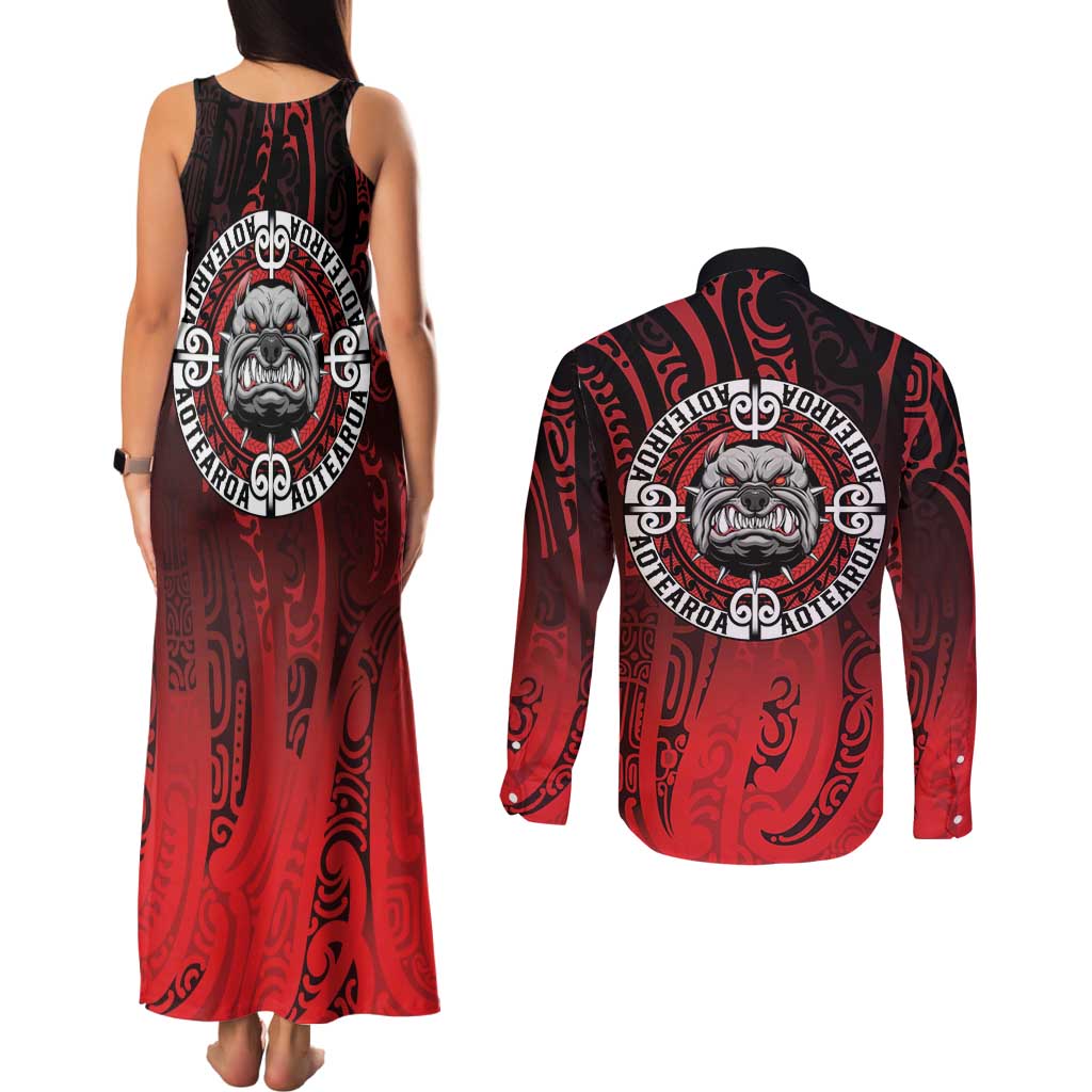 Aotearoa Bulldog Couples Matching Tank Maxi Dress and Long Sleeve Button Shirt New Zealand Kowhaiwhai Tribal LT9 - Polynesian Pride