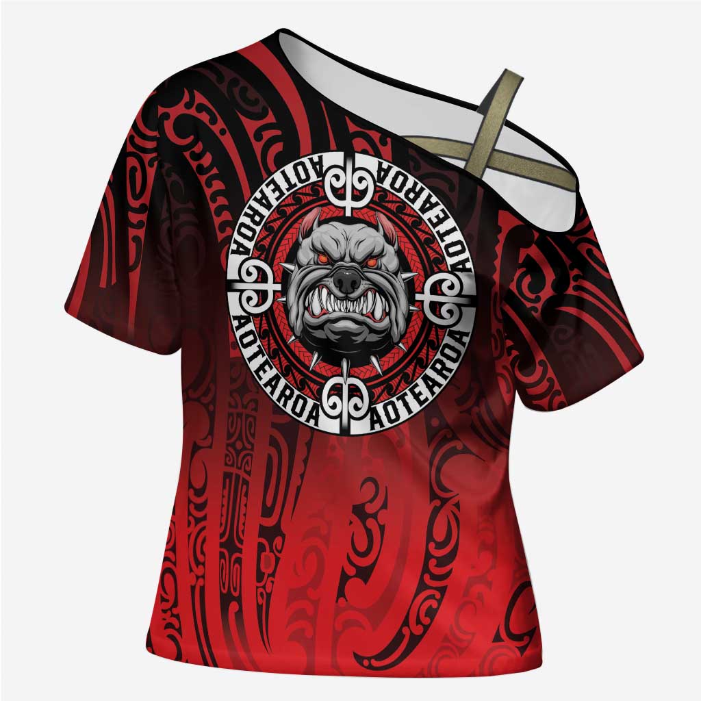 Aotearoa Bulldog Cross Shoulder Shirt New Zealand Kowhaiwhai Tribal - Polynesian Pride
