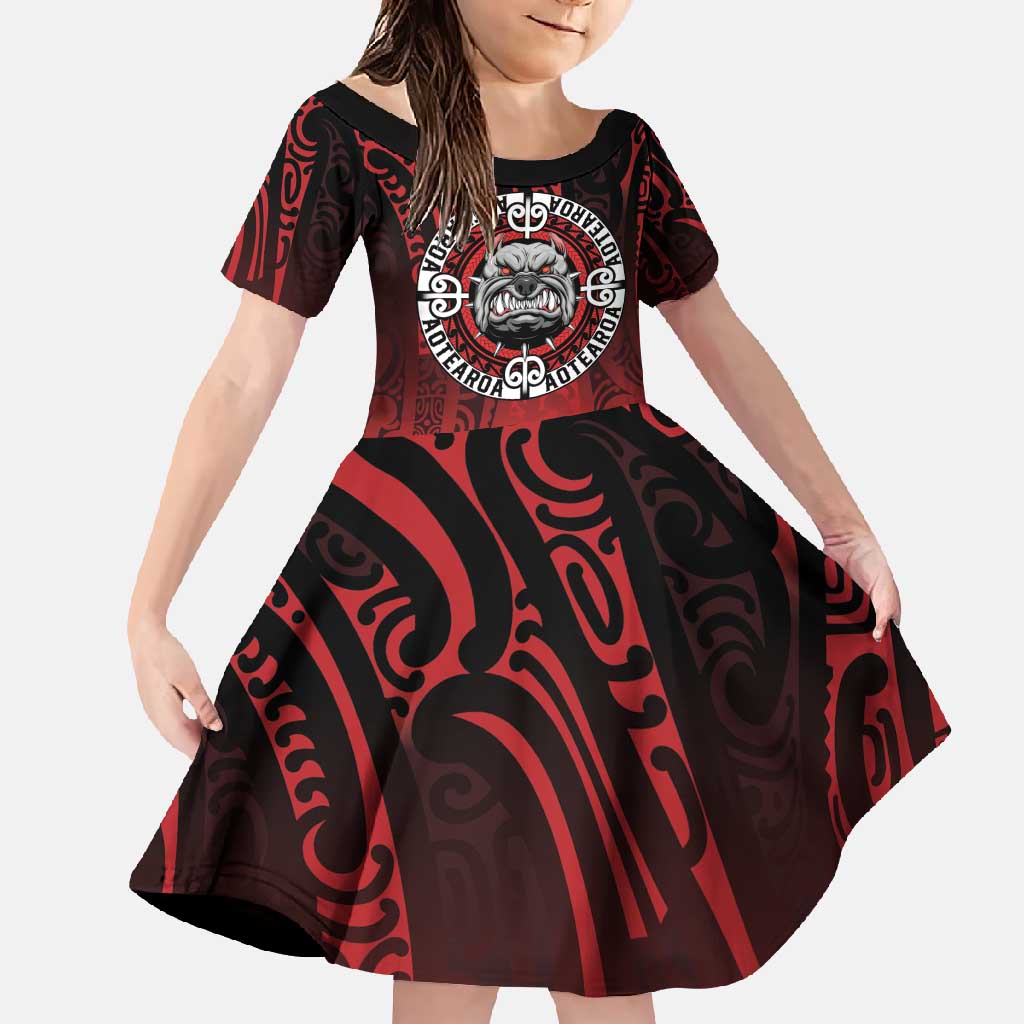 Aotearoa Bulldog Family Matching Long Sleeve Bodycon Dress and Hawaiian Shirt New Zealand Kowhaiwhai Tribal LT9 Daughter's Dress Red - Polynesian Pride