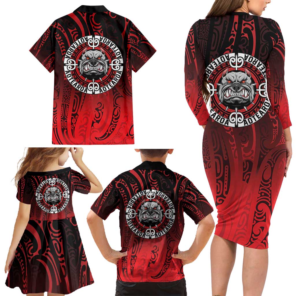 Aotearoa Bulldog Family Matching Long Sleeve Bodycon Dress and Hawaiian Shirt New Zealand Kowhaiwhai Tribal LT9 - Polynesian Pride