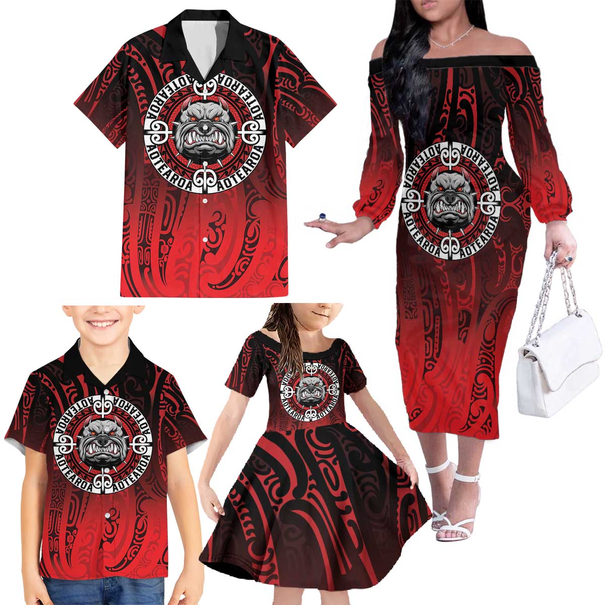 Aotearoa Bulldog Family Matching Off The Shoulder Long Sleeve Dress and Hawaiian Shirt New Zealand Kowhaiwhai Tribal LT9 - Polynesian Pride