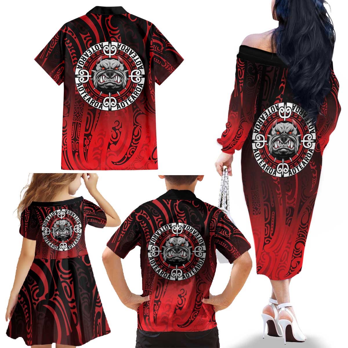 Aotearoa Bulldog Family Matching Off The Shoulder Long Sleeve Dress and Hawaiian Shirt New Zealand Kowhaiwhai Tribal LT9 - Polynesian Pride