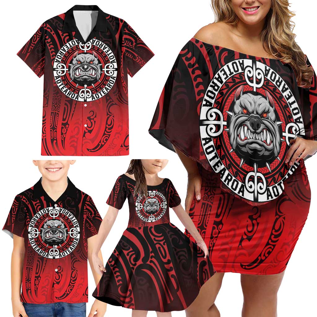 Aotearoa Bulldog Family Matching Off Shoulder Short Dress and Hawaiian Shirt New Zealand Kowhaiwhai Tribal LT9 - Polynesian Pride