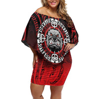 Aotearoa Bulldog Family Matching Off Shoulder Short Dress and Hawaiian Shirt New Zealand Kowhaiwhai Tribal LT9 Mom's Dress Red - Polynesian Pride