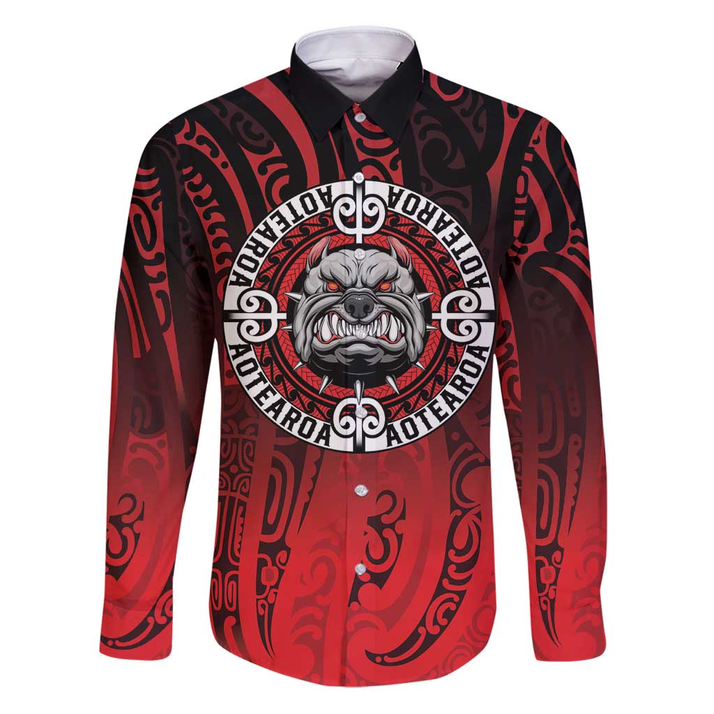 Aotearoa Bulldog Family Matching Puletasi and Hawaiian Shirt New Zealand Kowhaiwhai Tribal LT9 Dad's Shirt - Long Sleeve Red - Polynesian Pride