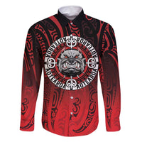 Aotearoa Bulldog Family Matching Summer Maxi Dress and Hawaiian Shirt New Zealand Kowhaiwhai Tribal LT9 Dad's Shirt - Long Sleeve Red - Polynesian Pride