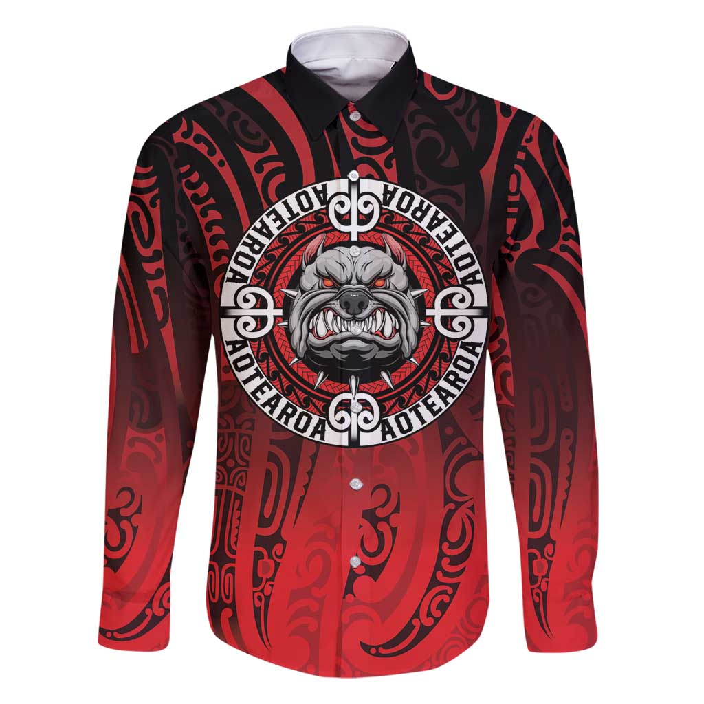 Aotearoa Bulldog Family Matching Tank Maxi Dress and Hawaiian Shirt New Zealand Kowhaiwhai Tribal LT9 Dad's Shirt - Long Sleeve Red - Polynesian Pride