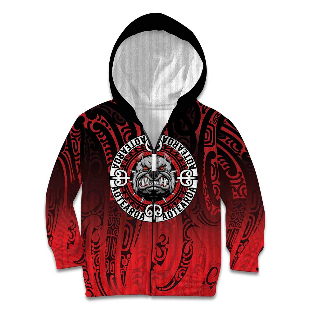 Aotearoa Bulldog Kid Hoodie New Zealand Kowhaiwhai Tribal LT9 Zip Hoodie Red - Polynesian Pride