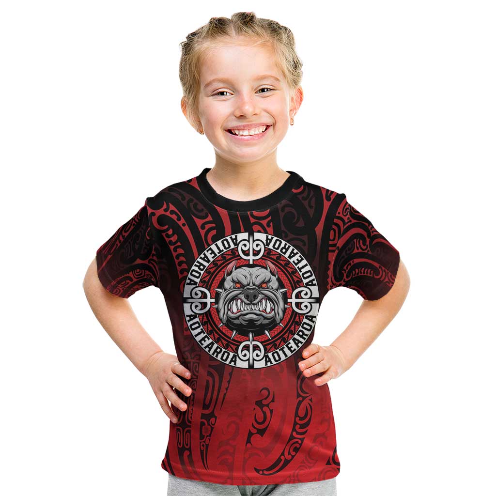 Aotearoa Bulldog Kid T Shirt New Zealand Kowhaiwhai Tribal LT9 Red - Polynesian Pride