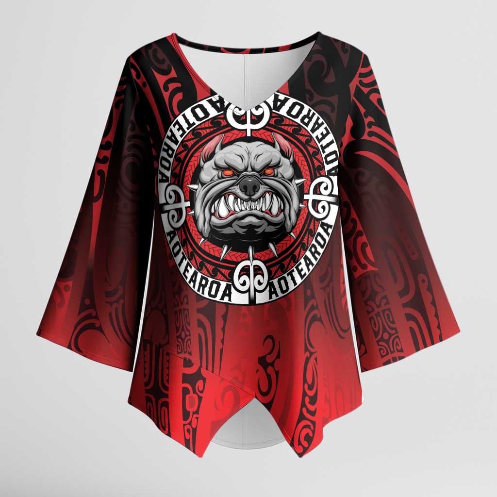 Aotearoa Bulldog Kimono Sleeve Blouse New Zealand Kowhaiwhai Tribal LT9 Female Red - Polynesian Pride
