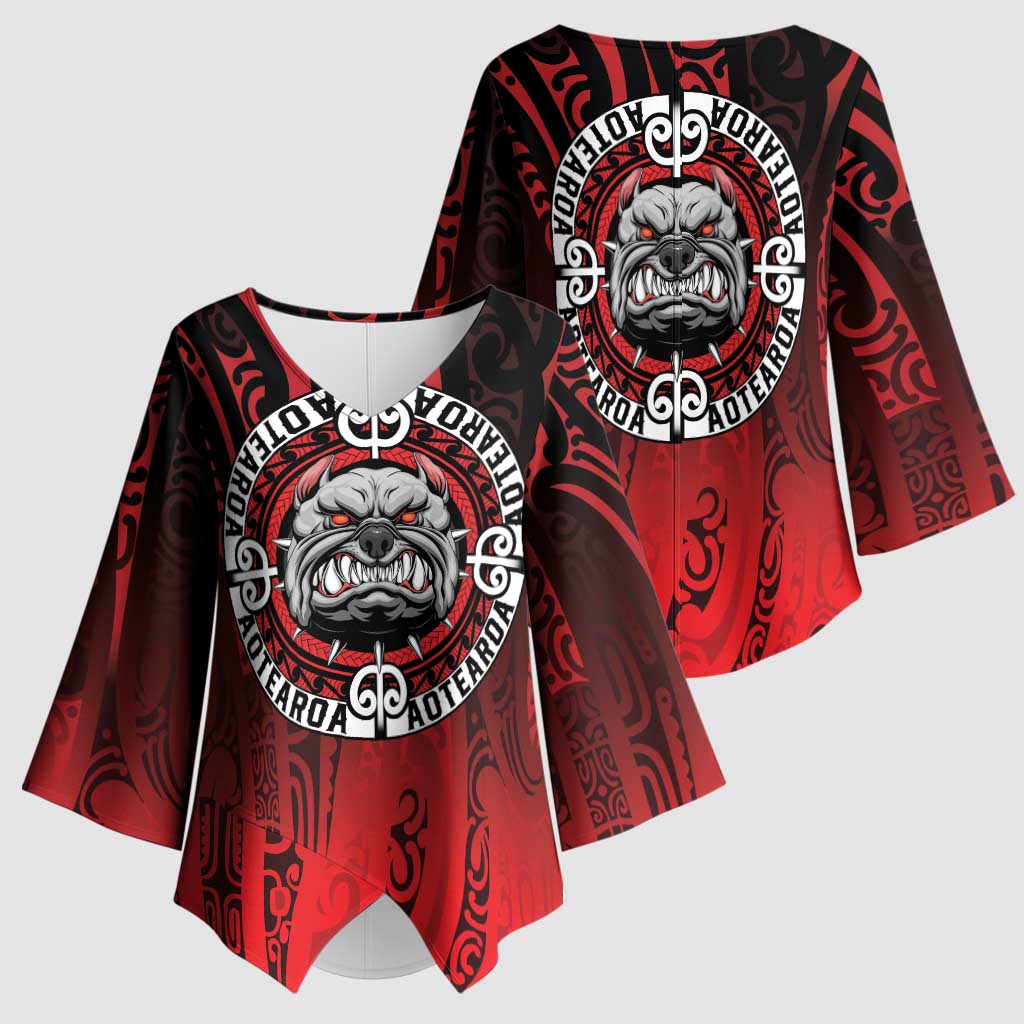 Aotearoa Bulldog Kimono Sleeve Blouse New Zealand Kowhaiwhai Tribal LT9 - Polynesian Pride