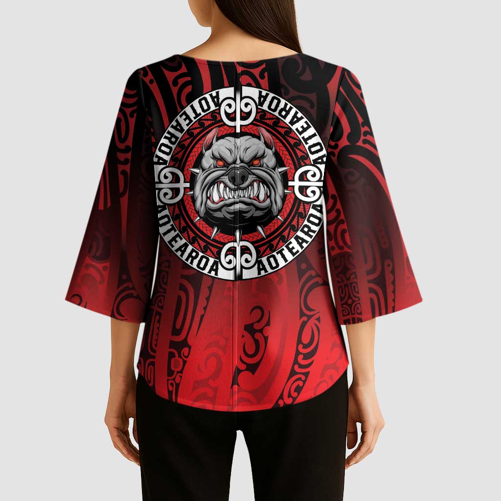 Aotearoa Bulldog Kimono Sleeve Blouse New Zealand Kowhaiwhai Tribal LT9 - Polynesian Pride