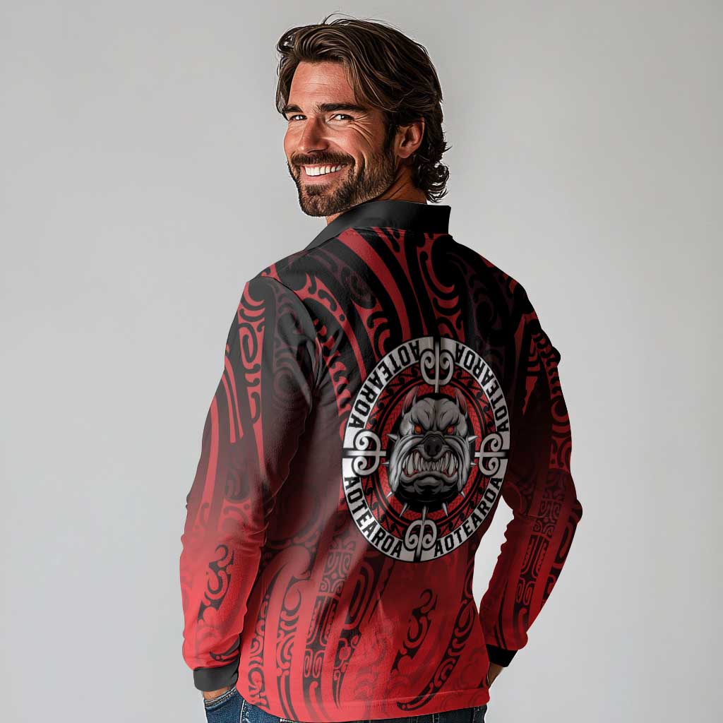 Aotearoa Bulldog Long Sleeve Polo Shirt New Zealand Kowhaiwhai Tribal LT9 - Polynesian Pride