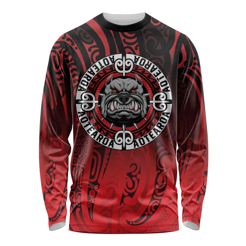 Aotearoa Bulldog Long Sleeve Shirt New Zealand Kowhaiwhai Tribal LT9 Unisex Red - Polynesian Pride