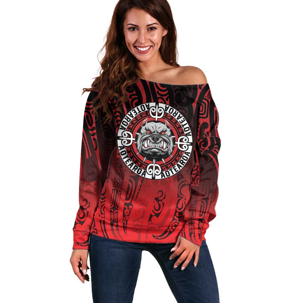 Aotearoa Bulldog Off Shoulder Sweater New Zealand Kowhaiwhai Tribal LT9 Women Red - Polynesian Pride