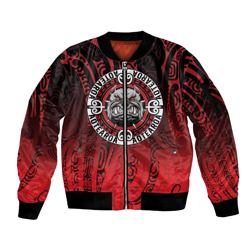 Aotearoa Bulldog Sleeve Zip Bomber Jacket New Zealand Kowhaiwhai Tribal LT9 Unisex Red - Polynesian Pride