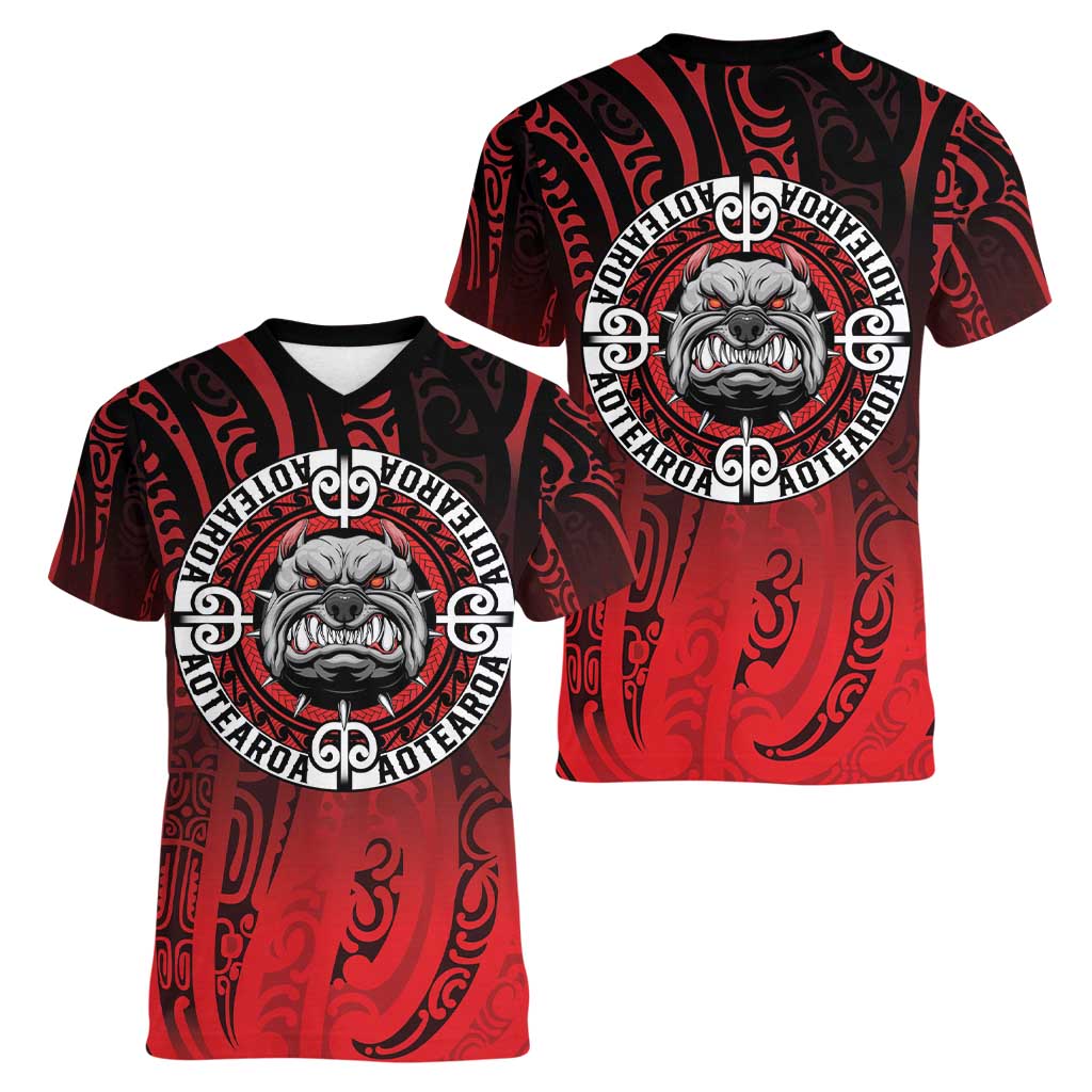 Aotearoa Bulldog Women V-Neck T-Shirt New Zealand Kowhaiwhai Tribal LT9 - Polynesian Pride