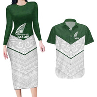 Custom New Zealand Maori Niho Taniwha Couples Matching Long Sleeve Bodycon Dress and Hawaiian Shirt LT9 Green - Polynesian Pride