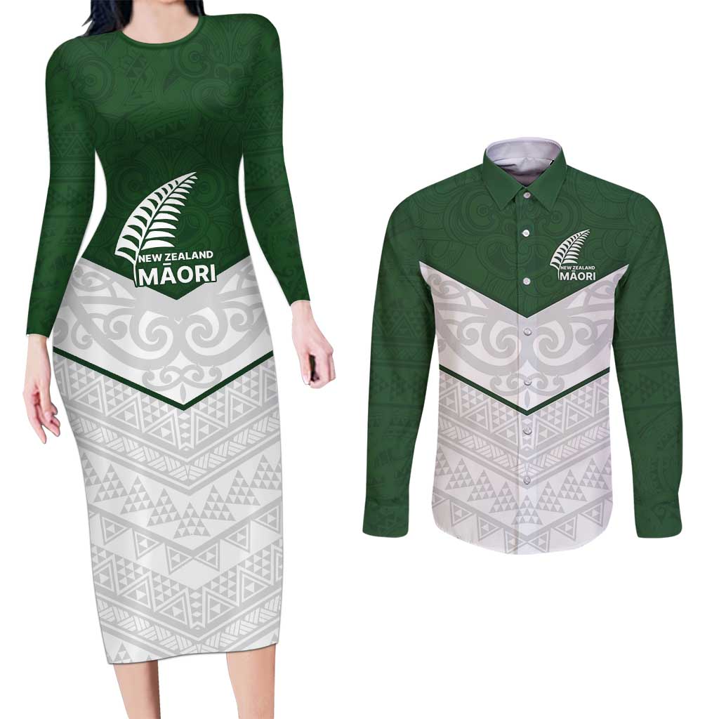 Custom New Zealand Maori Niho Taniwha Couples Matching Long Sleeve Bodycon Dress and Long Sleeve Button Shirt LT9 Green - Polynesian Pride