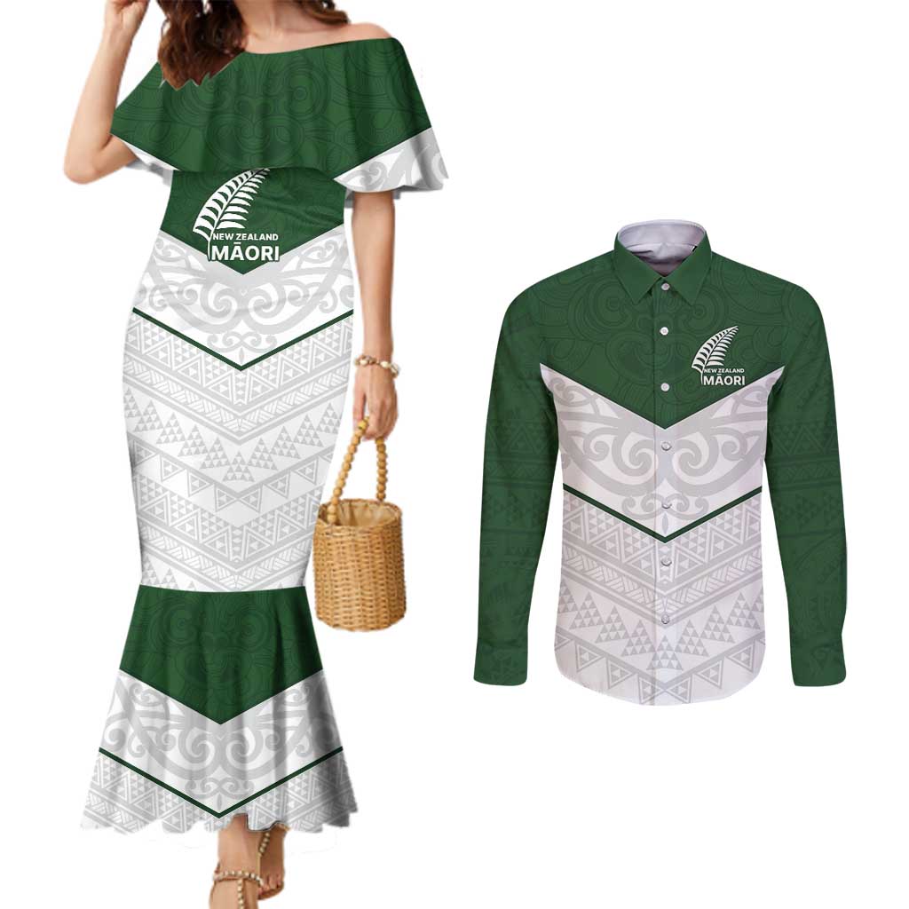 Custom New Zealand Maori Niho Taniwha Couples Matching Mermaid Dress and Long Sleeve Button Shirt LT9 Green - Polynesian Pride