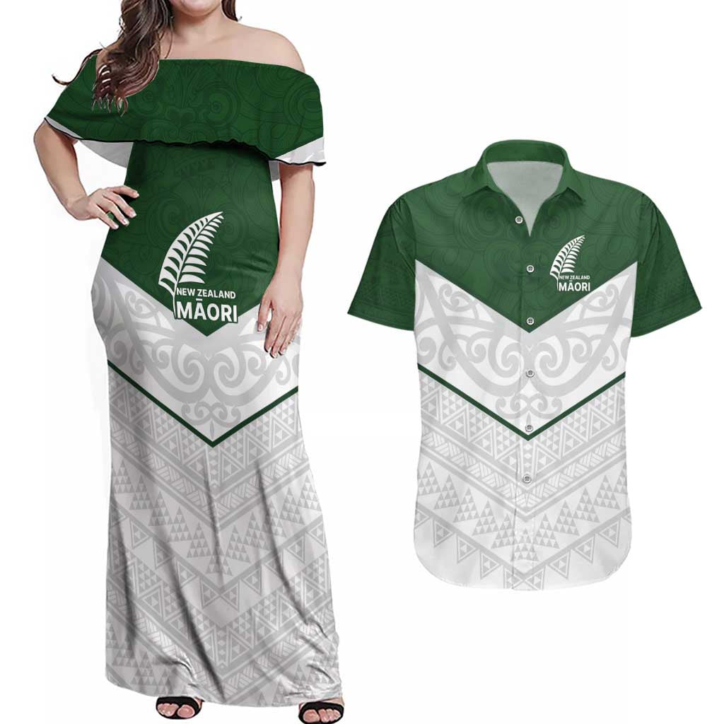 Custom New Zealand Maori Niho Taniwha Couples Matching Off Shoulder Maxi Dress and Hawaiian Shirt LT9 Green - Polynesian Pride