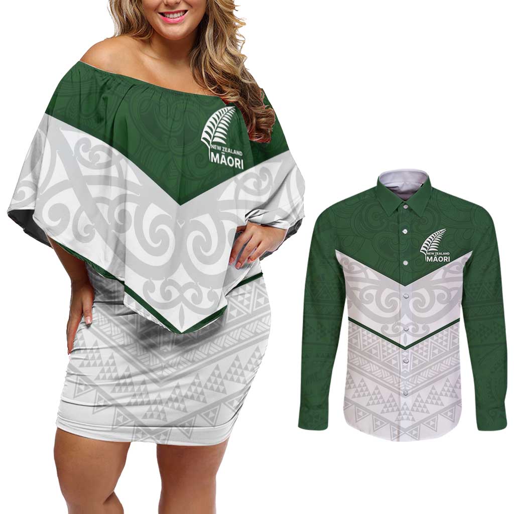 Custom New Zealand Maori Niho Taniwha Couples Matching Off Shoulder Short Dress and Long Sleeve Button Shirt LT9 Green - Polynesian Pride