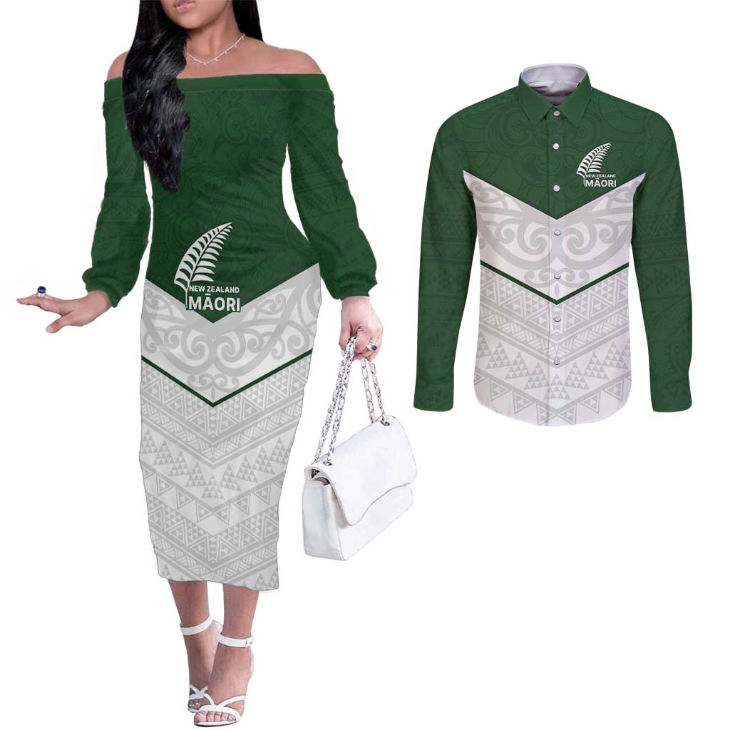 Custom New Zealand Maori Niho Taniwha Couples Matching Off The Shoulder Long Sleeve Dress and Long Sleeve Button Shirt LT9 Green - Polynesian Pride