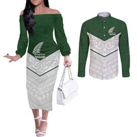 Custom New Zealand Maori Niho Taniwha Couples Matching Off The Shoulder Long Sleeve Dress and Long Sleeve Button Shirt LT9 Green - Polynesian Pride