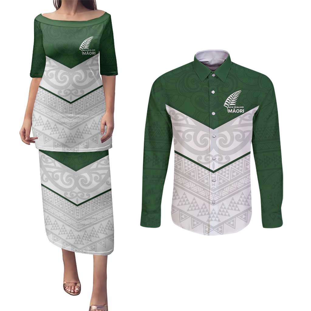 Custom New Zealand Maori Niho Taniwha Couples Matching Puletasi and Long Sleeve Button Shirt LT9 Green - Polynesian Pride