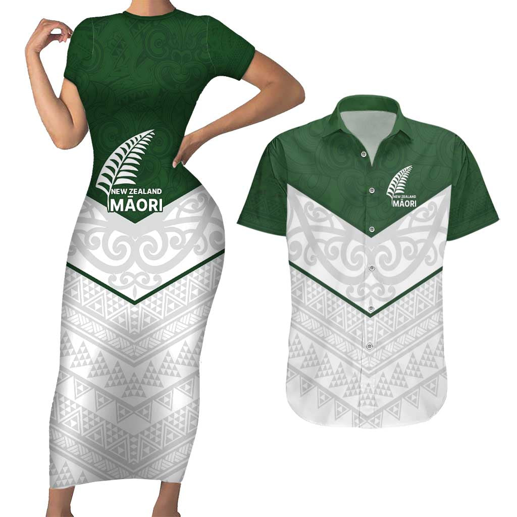 Custom New Zealand Maori Niho Taniwha Couples Matching Short Sleeve Bodycon Dress and Hawaiian Shirt LT9 Green - Polynesian Pride