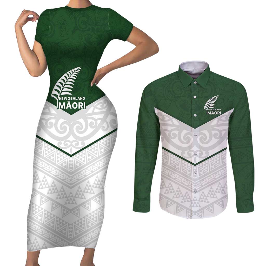Custom New Zealand Maori Niho Taniwha Couples Matching Short Sleeve Bodycon Dress and Long Sleeve Button Shirt LT9 Green - Polynesian Pride