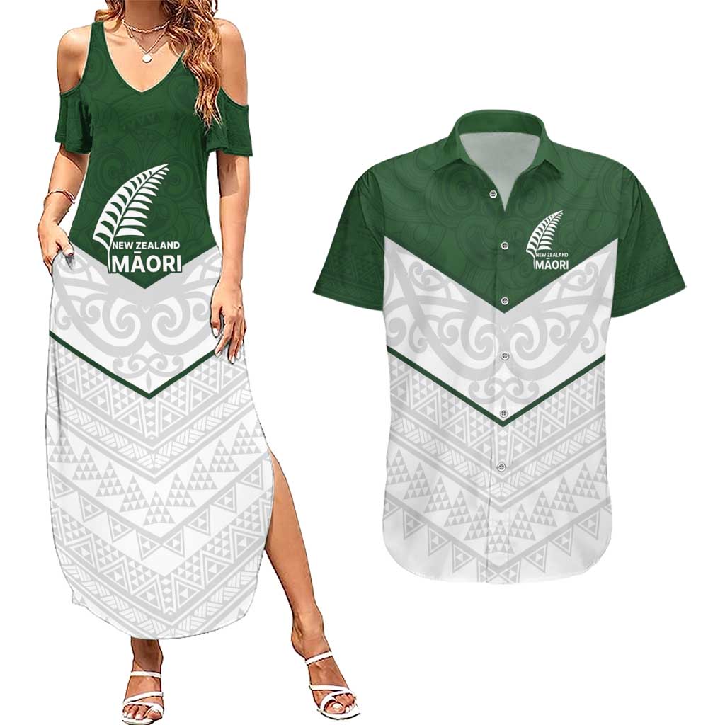Custom New Zealand Maori Niho Taniwha Couples Matching Summer Maxi Dress and Hawaiian Shirt LT9 Green - Polynesian Pride