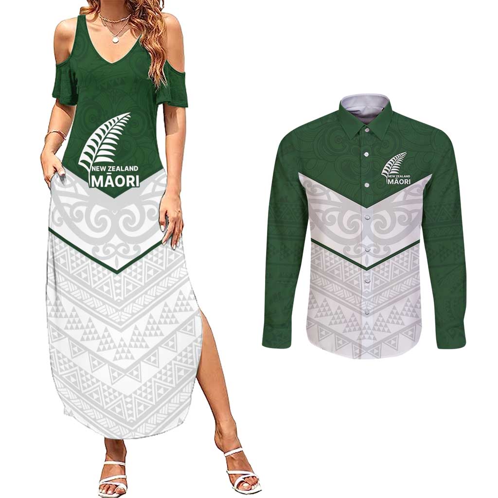 Custom New Zealand Maori Niho Taniwha Couples Matching Summer Maxi Dress and Long Sleeve Button Shirt LT9 Green - Polynesian Pride