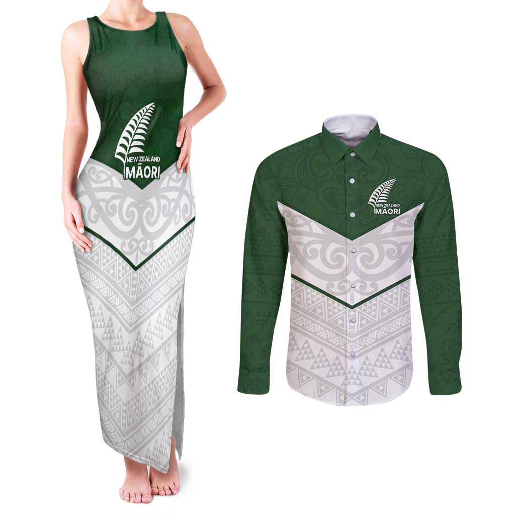 Custom New Zealand Maori Niho Taniwha Couples Matching Tank Maxi Dress and Long Sleeve Button Shirt LT9 Green - Polynesian Pride
