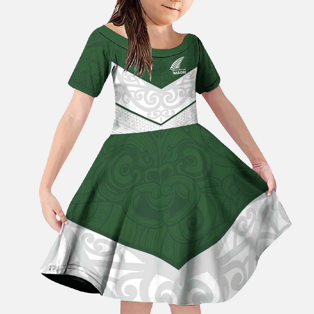 Custom New Zealand Maori Niho Taniwha Family Matching Off Shoulder Maxi Dress and Hawaiian Shirt LT9 Daughter's Dress Green - Polynesian Pride