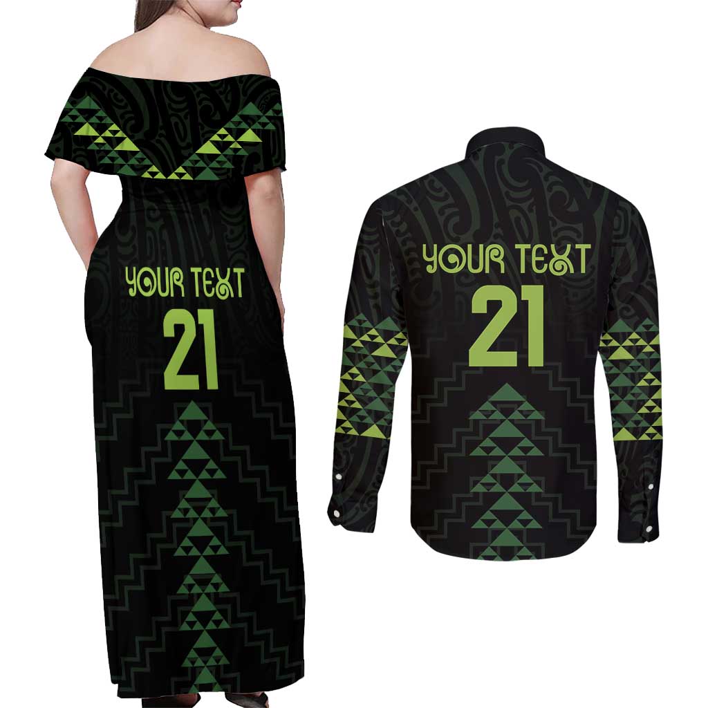 Custom New Zealand Maori Koru Koiri Motif Couples Matching Off Shoulder Maxi Dress and Long Sleeve Button Shirt