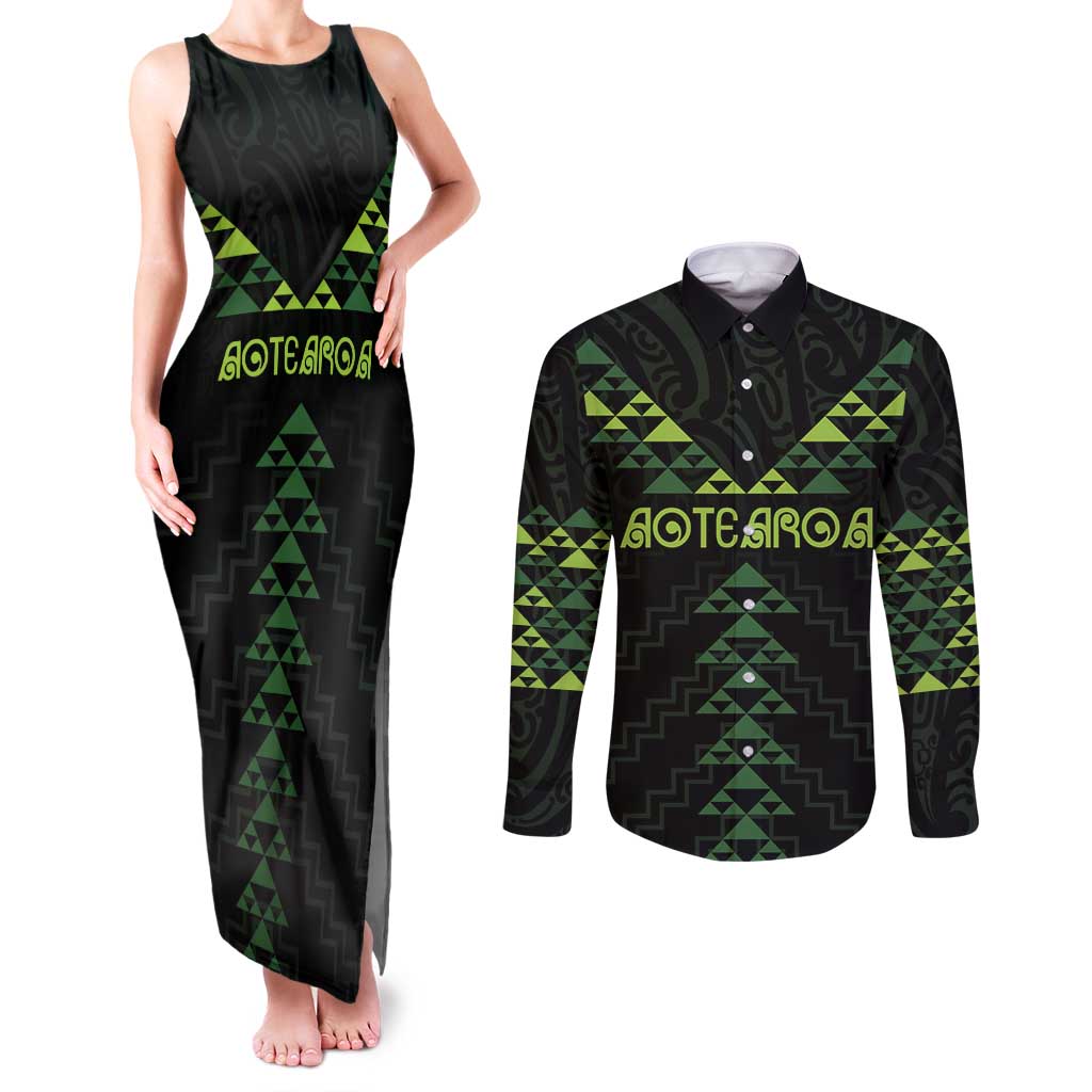 Custom New Zealand Maori Koru Koiri Motif Couples Matching Tank Maxi Dress and Long Sleeve Button Shirt
